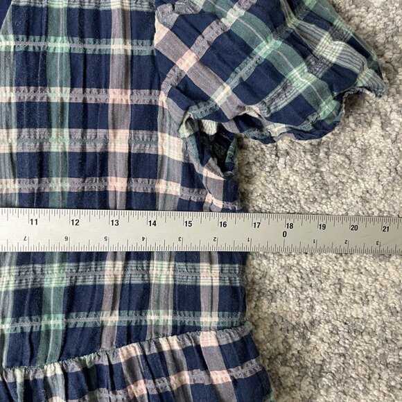 Madewell Dress Womens Extra Small Blue Plaid Short Sleeve Button Tiered Midi - Picture 3 of 6